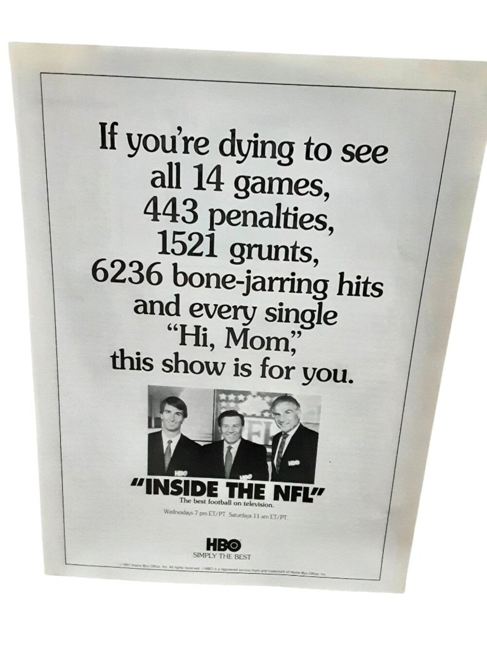 1991 HBO Inside The NFL Len Dawson Buoniconti Collinsworth Print Ad